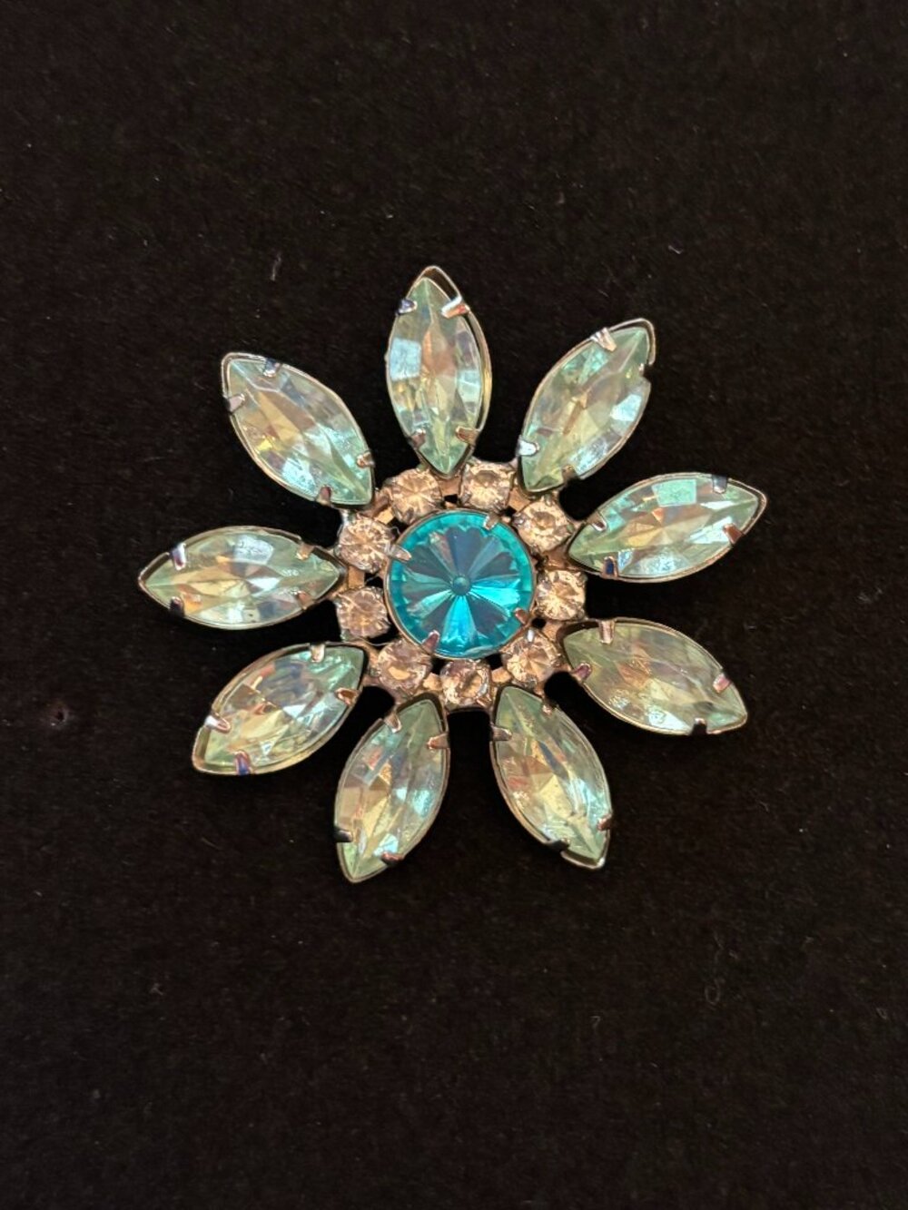 Vintage Blue Rhinestone Silver Tone Floral Flower Brooch Pin